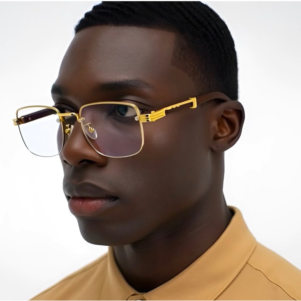 Eyewear Men Square Gold Wood Grain Clear Lens Glasses Retro Hip Hop Style Buffs